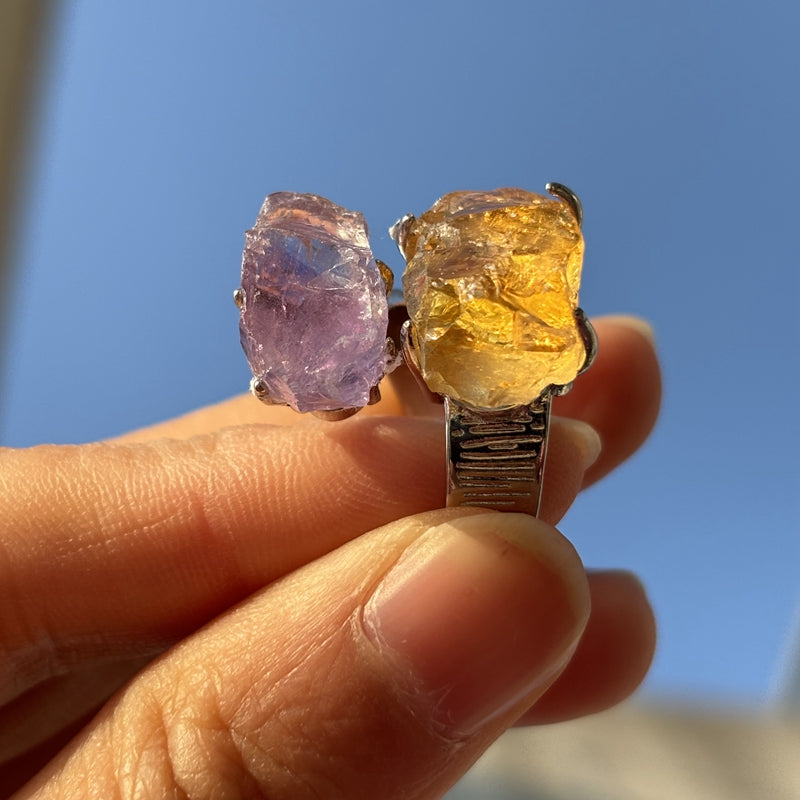 Raw Stone Crystal Rings Amethyst and Citrine
