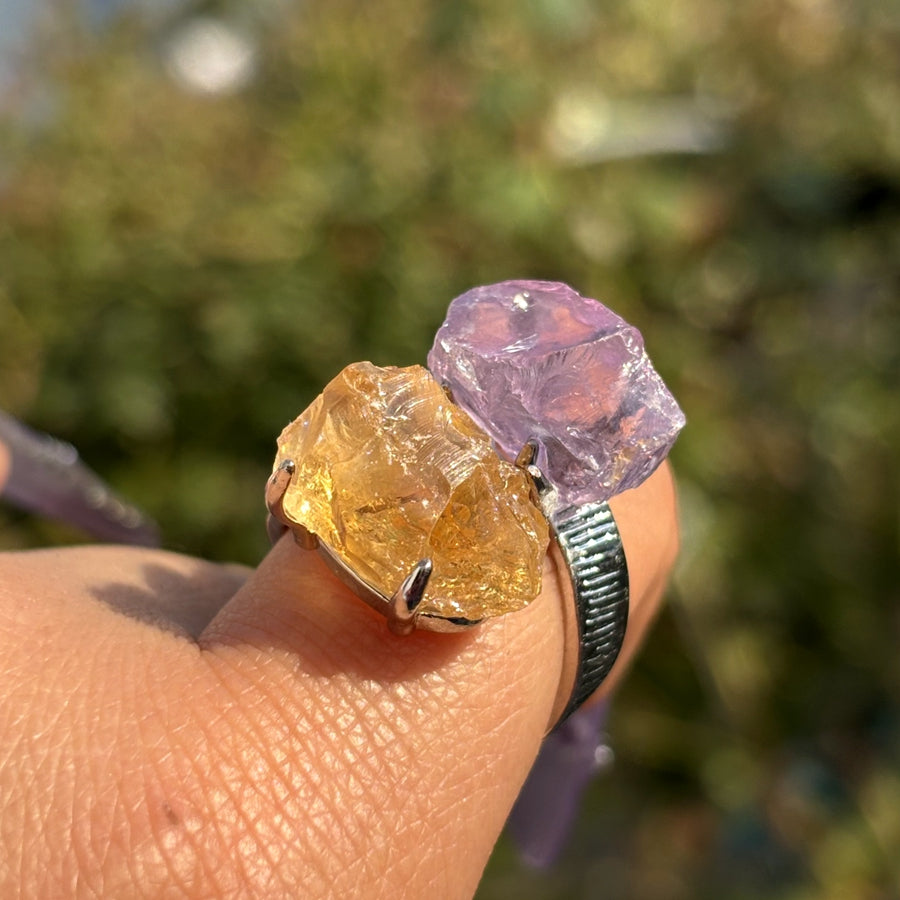 Raw Stone Crystal Rings Amethyst and Citrine