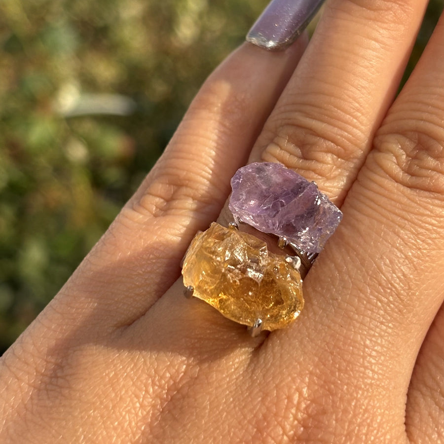 Raw Stone Crystal Rings Amethyst and Citrine