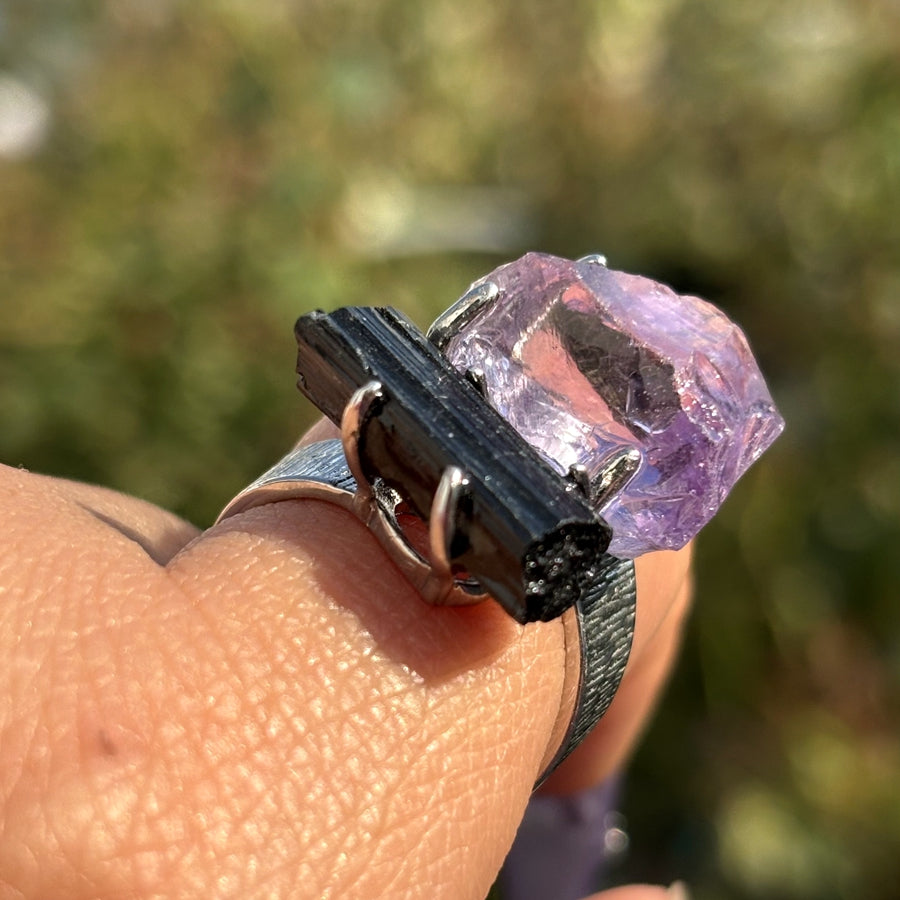 Amethyst & Black Tourmaline Crystal Rings