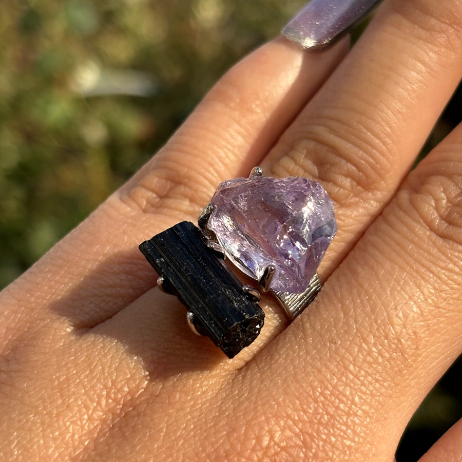 Amethyst & Black Tourmaline Crystal Rings
