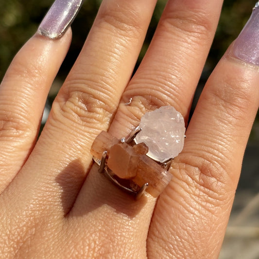 Aragonite & Rose Quartz Crystal Ring
