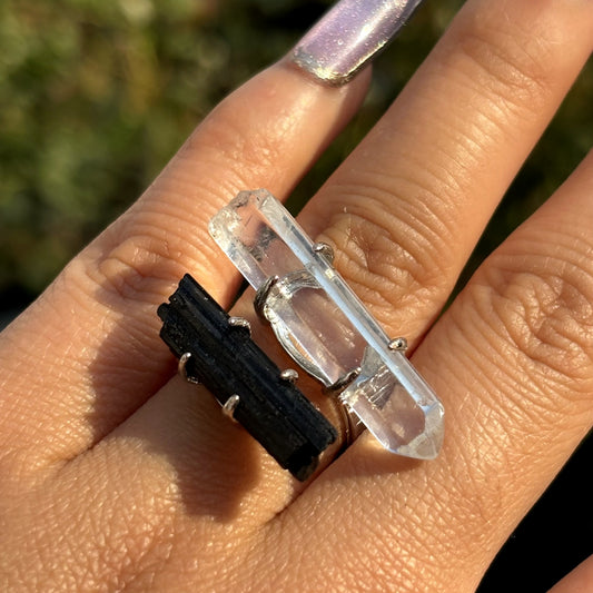 Black Tourmaline & White Crystal Rings