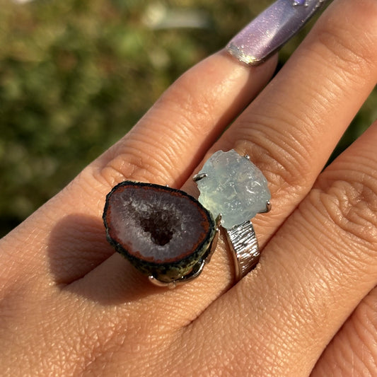Aquamarine & Geodo Crystal Ring