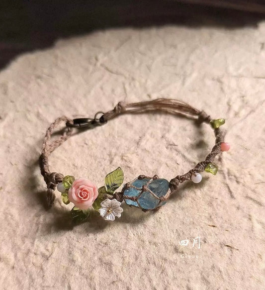 Boho Flower Macrame White Crystal Bracelet
