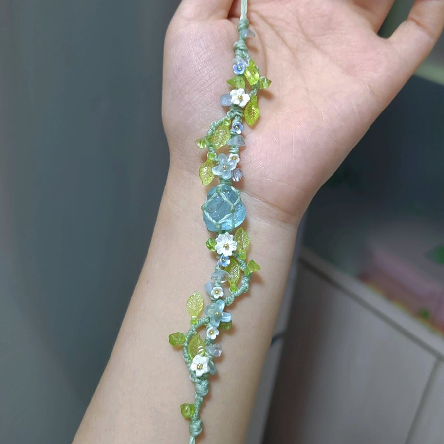 Flower Macrame Aquamarine Crystal Bracele