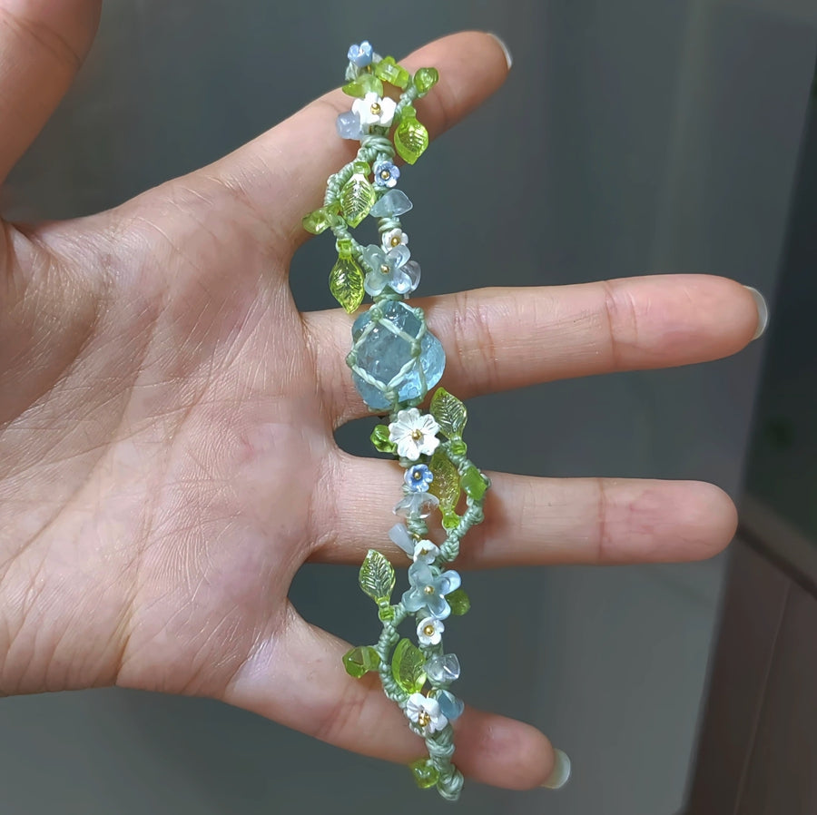 Flower Macrame Aquamarine Crystal Bracele