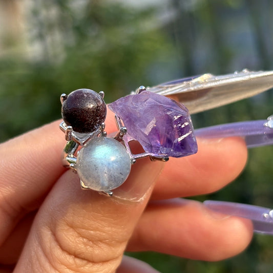 3 Gems Amethyst Crystal Rings